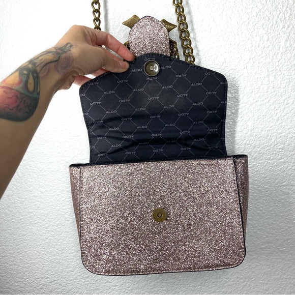 Aldo Glitter Shining Crossbody Bag Pink Silver Embellished Snap Closure 9x7" - Picture 13 of 16